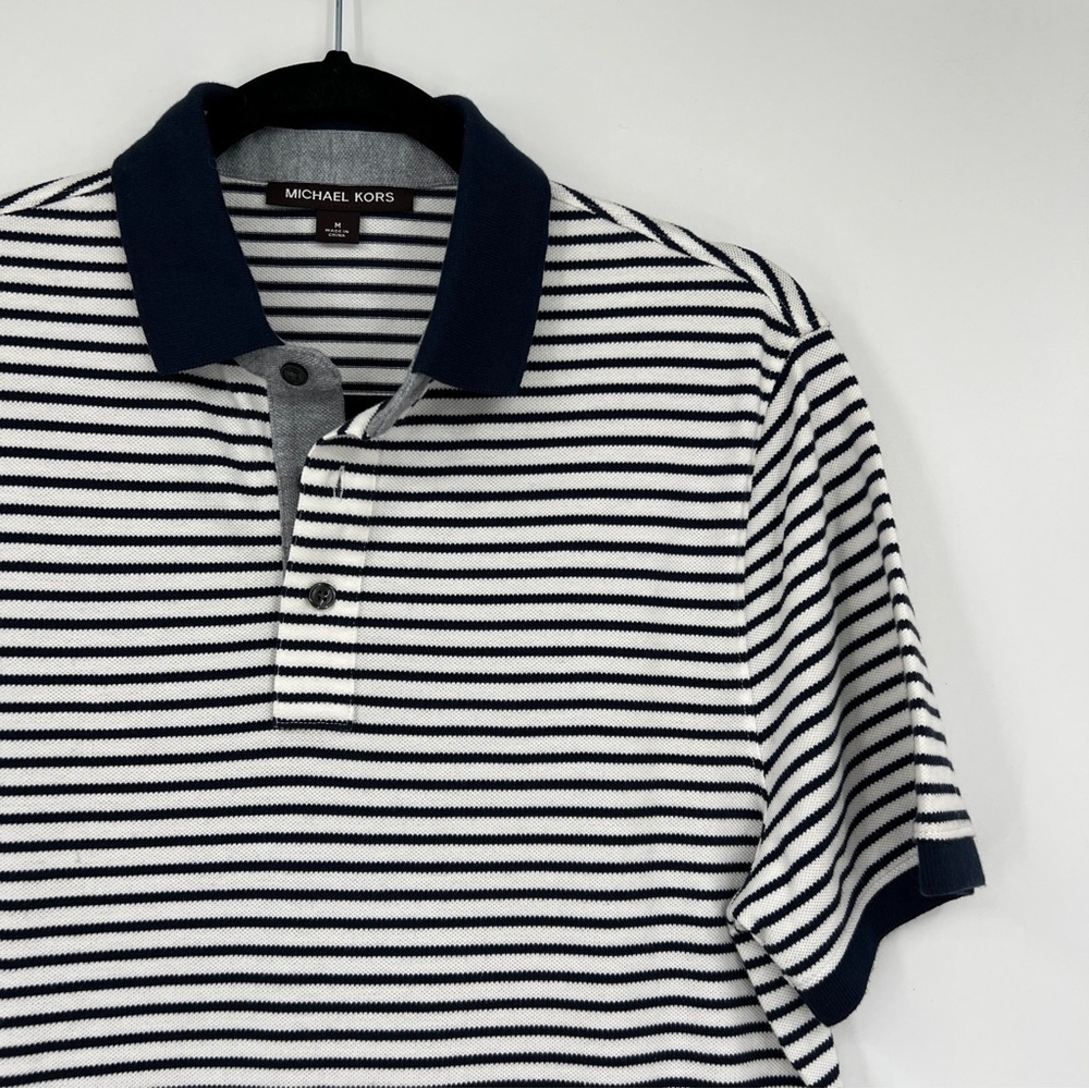 Michael Kors Men's Striped Black White Collared Quarter Button Polo Shirt